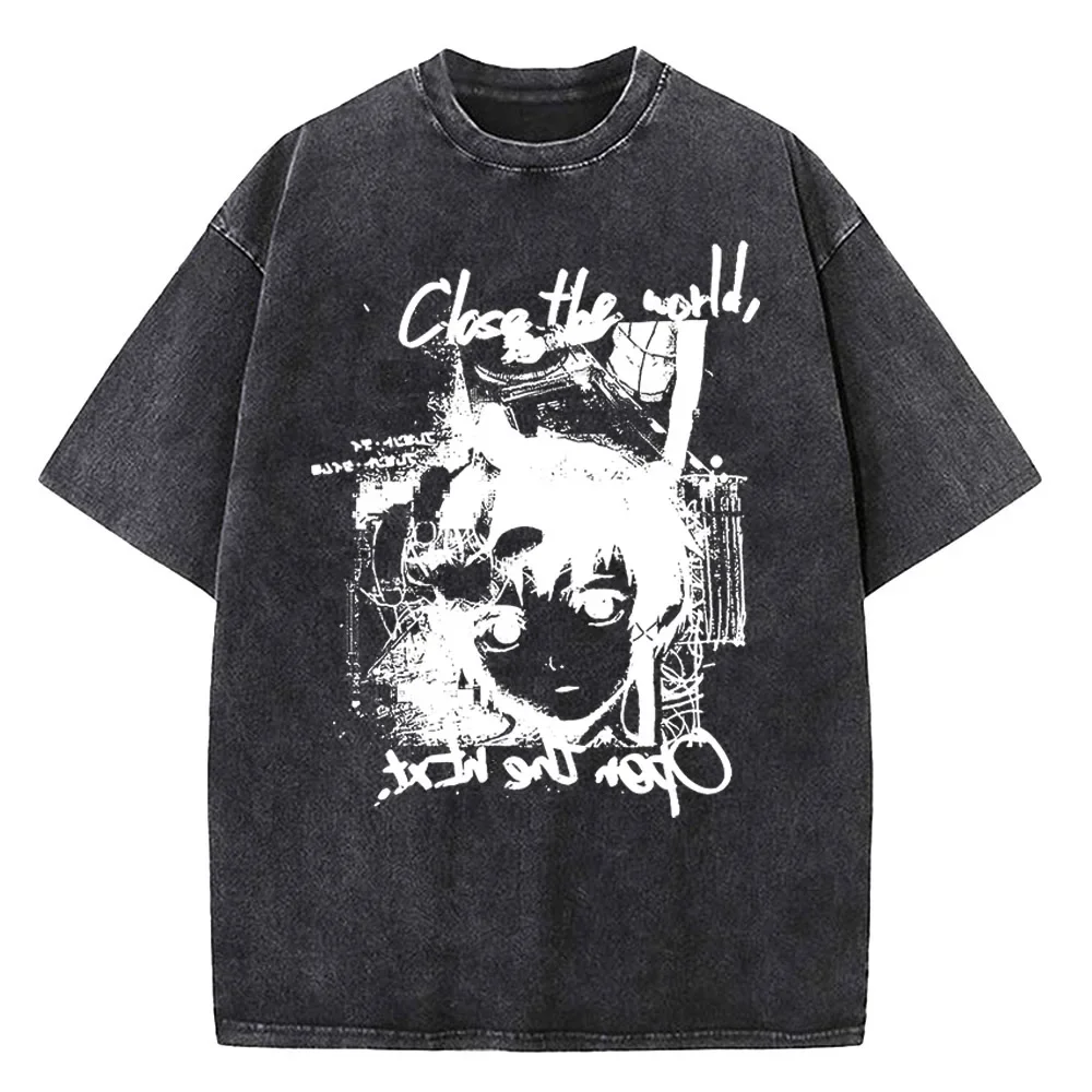 Japanese Anime Serial Experiments Lain Vintage Washed T Shirt Men High Quality Cotton Manga Short Sleeve Fashion T Shirt Women