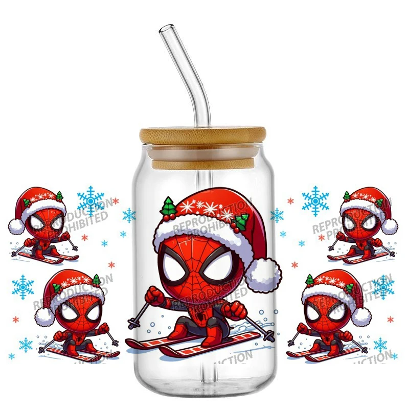Santa Hat Chibi Spider Hero Christmas UV DTF Transfer Wraps Easy Apply Fade Proof for 16oz Glass Jar DIY Cup Stickers