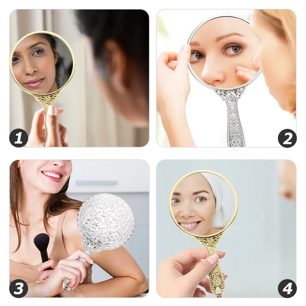 2 個のハンドヘルド化粧鏡レトロラウンドコンパクトトラベルミラーポータブル軽量明るい表面女性のための日常