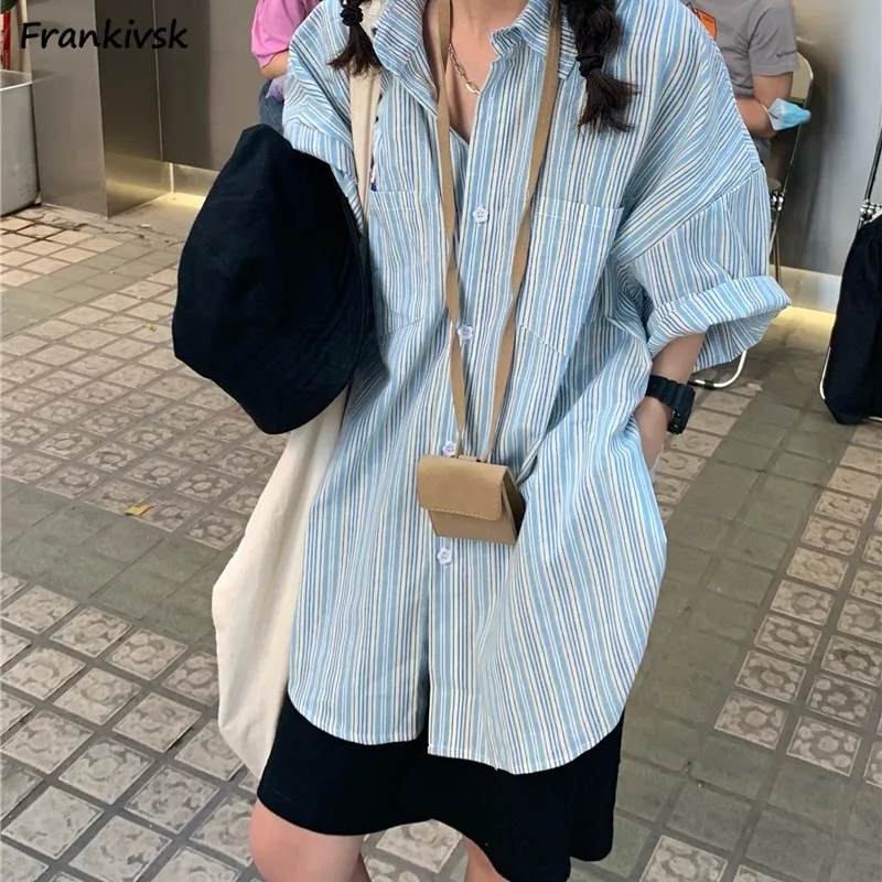 Shirts Women Striped Causal All-match Summer Comfortable Baggy Short Sleeve Button Breathable Korean Fashion Schoolgirls Daily