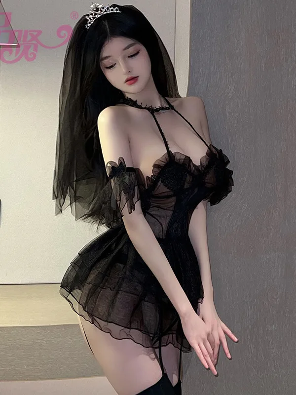 Mini vestido de encaje de malla transparente para mujer, Falda corta de malla Sexy, uniforme, vestido de novia elegante, Tops coreanos sexys para mujer, dulce 2023 76VC