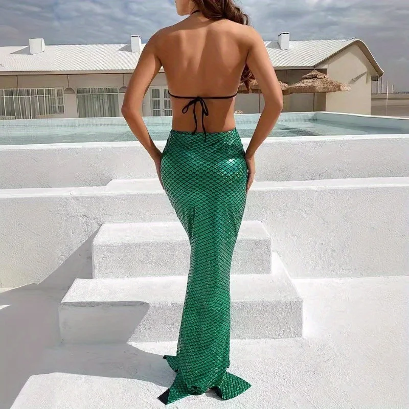 

Костюм русалки с пайетками - блестящее платье с рыбьим хвостом для Хэллоуина, вечеринки в подводном стиле, косплея и фотосессии