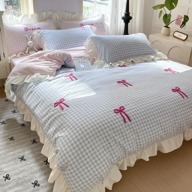 Spring and summer new Korean lace bow four-piece princess style lace washed cotton girl heart pink 4
