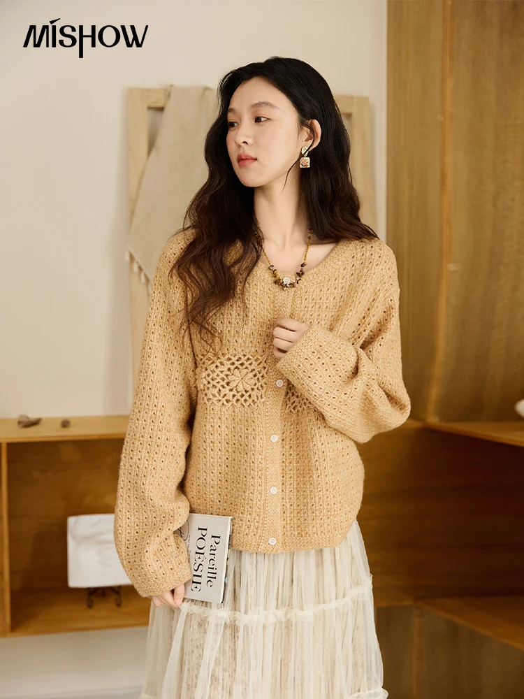 

MISHOW Cream Orange Hollow Flower Cardigan Women 2025 Autumn Round Neck Loose Retro Knitted Top Casual Woman Clothes MXE47Z2608