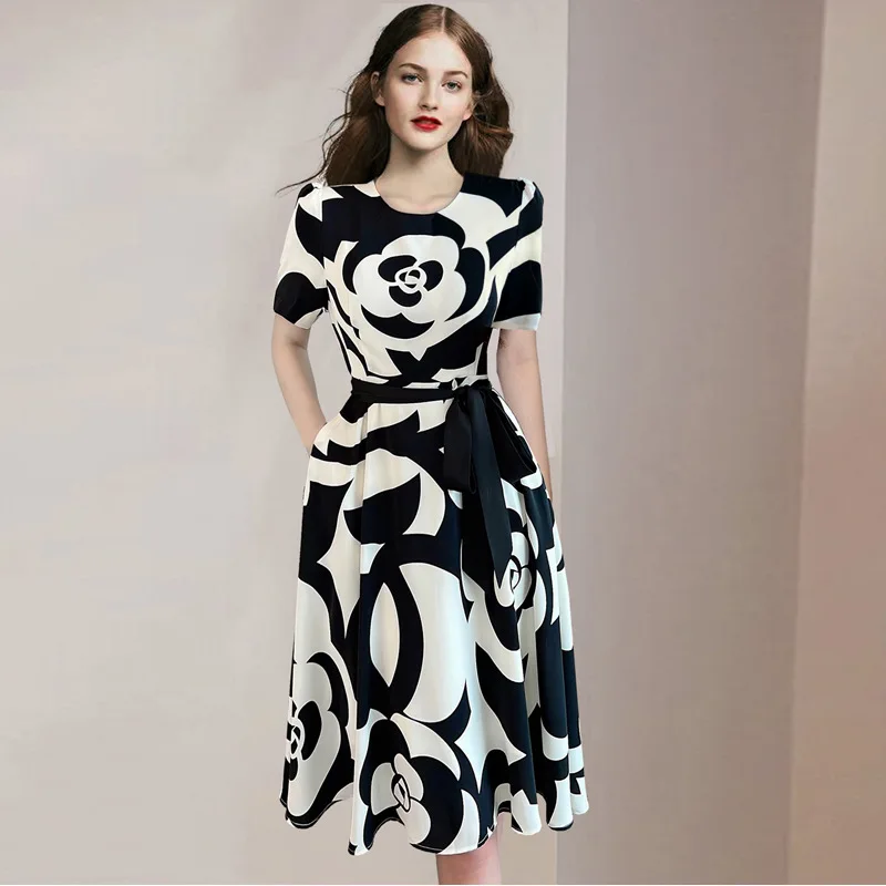 

Fashion O-Neck Short Sleeve OL Dresses Heavy Flower Print Women Dress