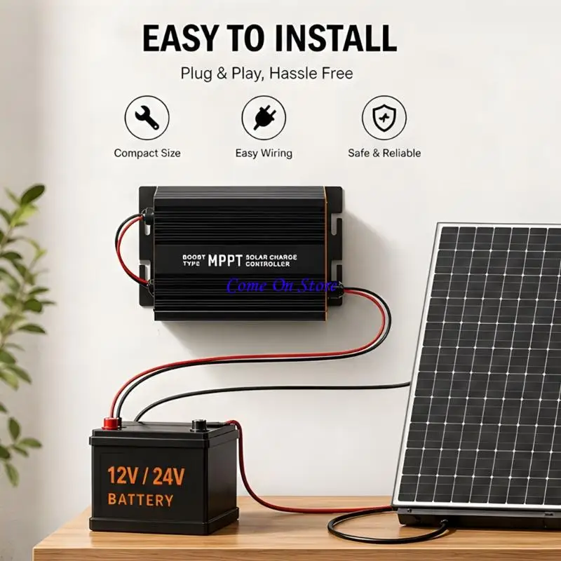 M6CF MPPT Solar Charging Regulator, 12-50V Input with Ribbed Aluminum Housing and Integrated Mounting for Home Energy Setups
