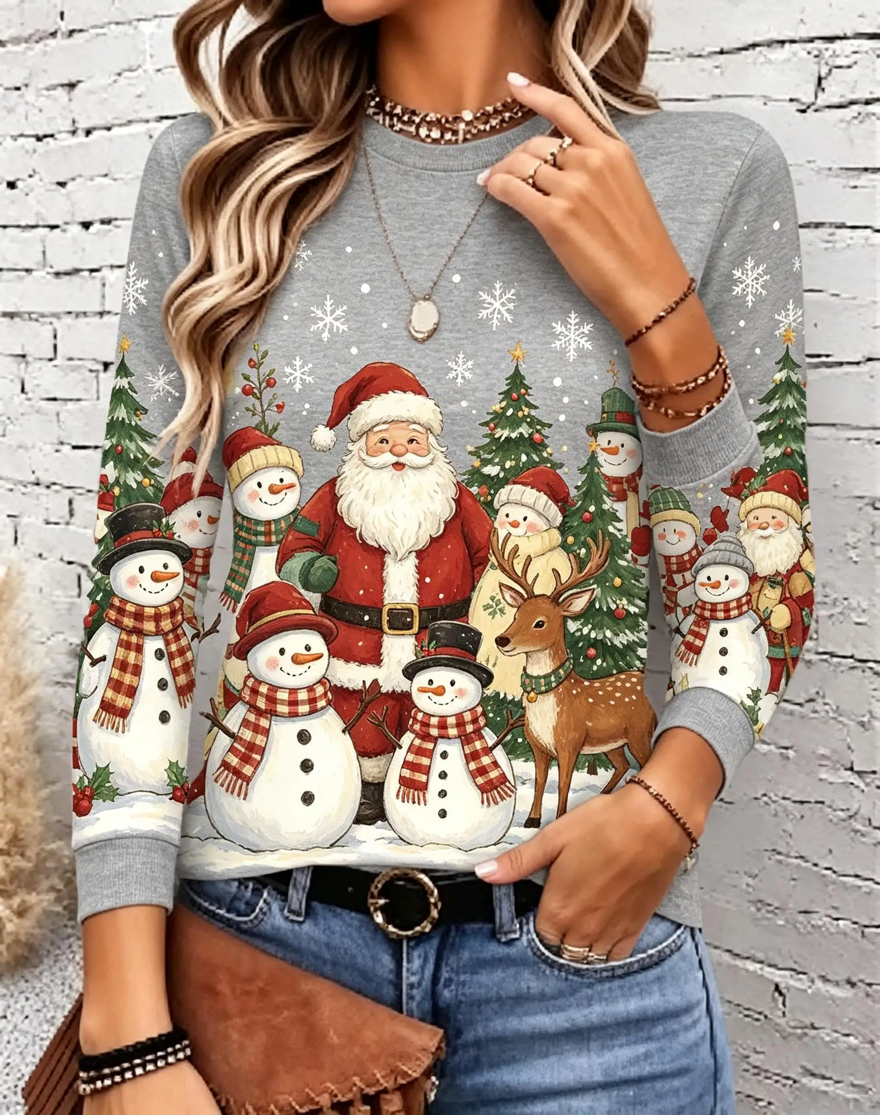 Women Long Sleeve Tee Round Neck Casual Tops Snowflake Pine Branch Berry Print Christmas Fashion Loose Fit Daily Wear Shirt