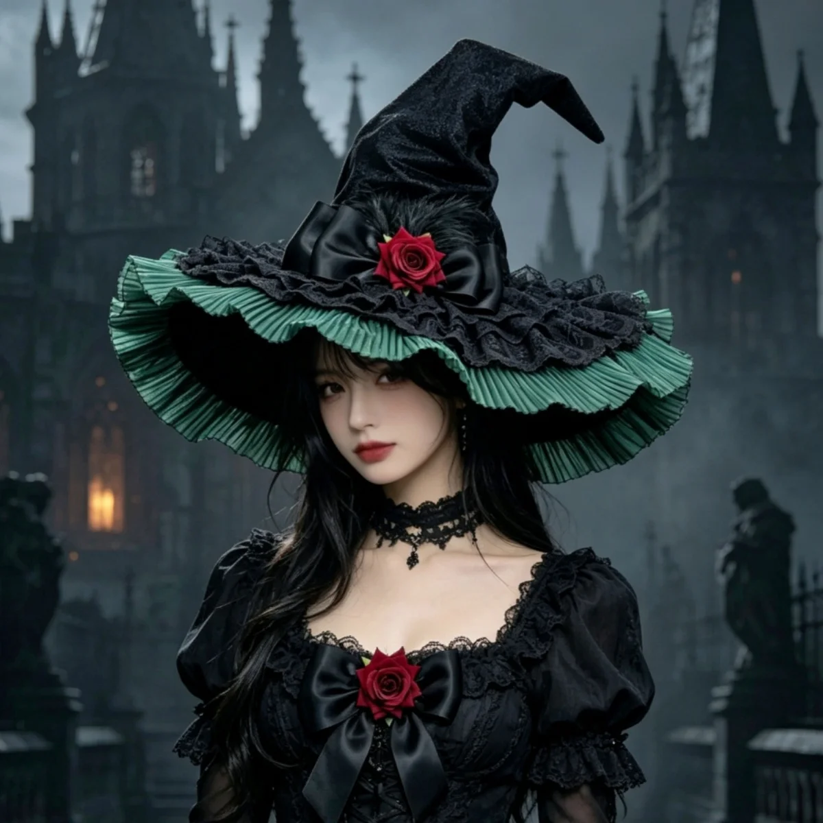 Original Design Bonnet Hat Handmade Gothic Style Lolita Anime Exhibition Ruffled Lace Ribbon Gorgeous Halloween Witch Hat 2026