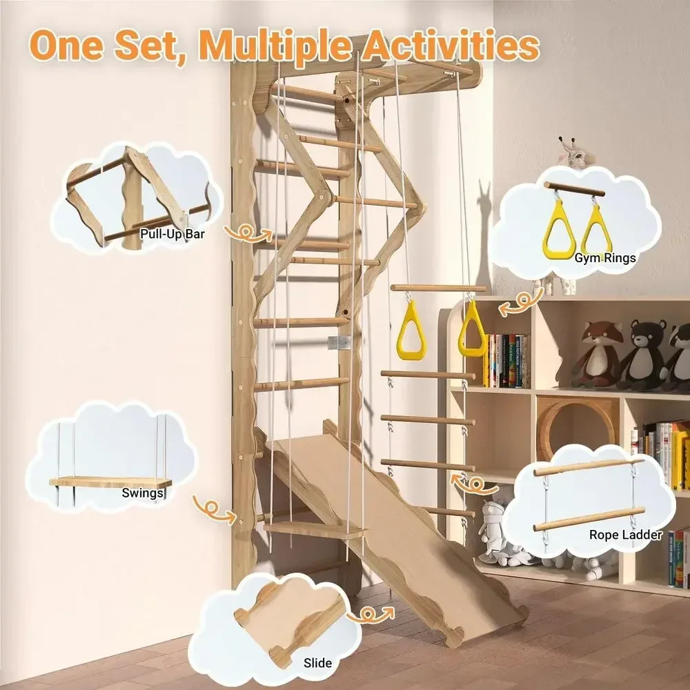 Indoor Jungle Gym with Ladder, Pull-Up Bar, Rings, Swing, and Slide for Kids, Ages 3-8