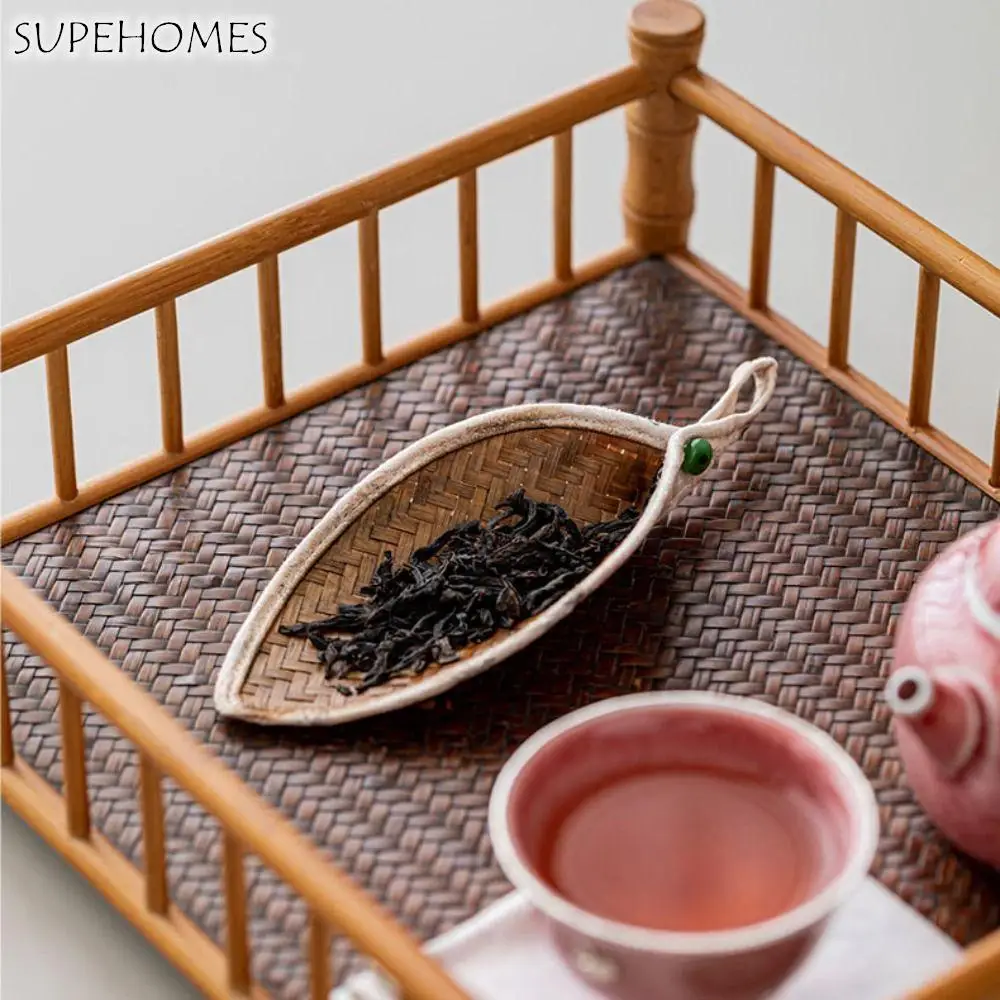 Herramienta para ceremonia del té, chaze de té tejido de bambú, bandeja de té Retro ovalada, cuchara de té de estilo chino, sala de té