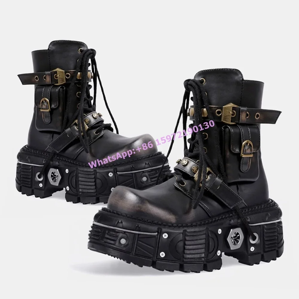 

Rivet Thick Soled Metal Decocation Boots Dark Punk Black Brown Round Toe Buckle Belt Retro Ankle Boots Couples Cool Winter Shoes