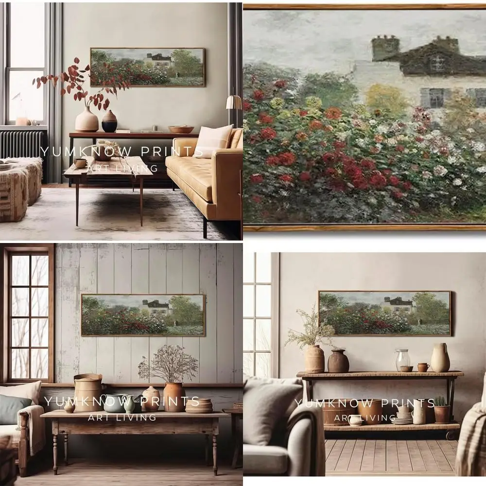 

Vintage Farmhouse Style Canvas Art - 13.5x40 Horizontal for Bedroom - Rustic Floral Oil Painting