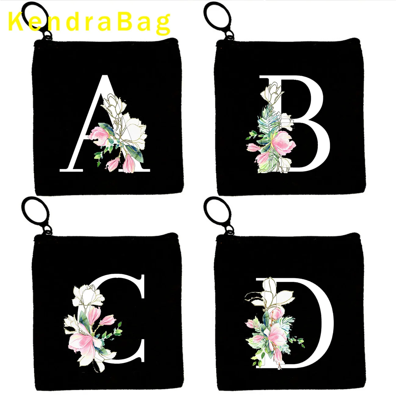 Pretty Flower Black White Initial Letter A to Z Floral Monogram Alphabet Gifts Canvas Bags Coin Purse Key Case Bags Wallet Pouch