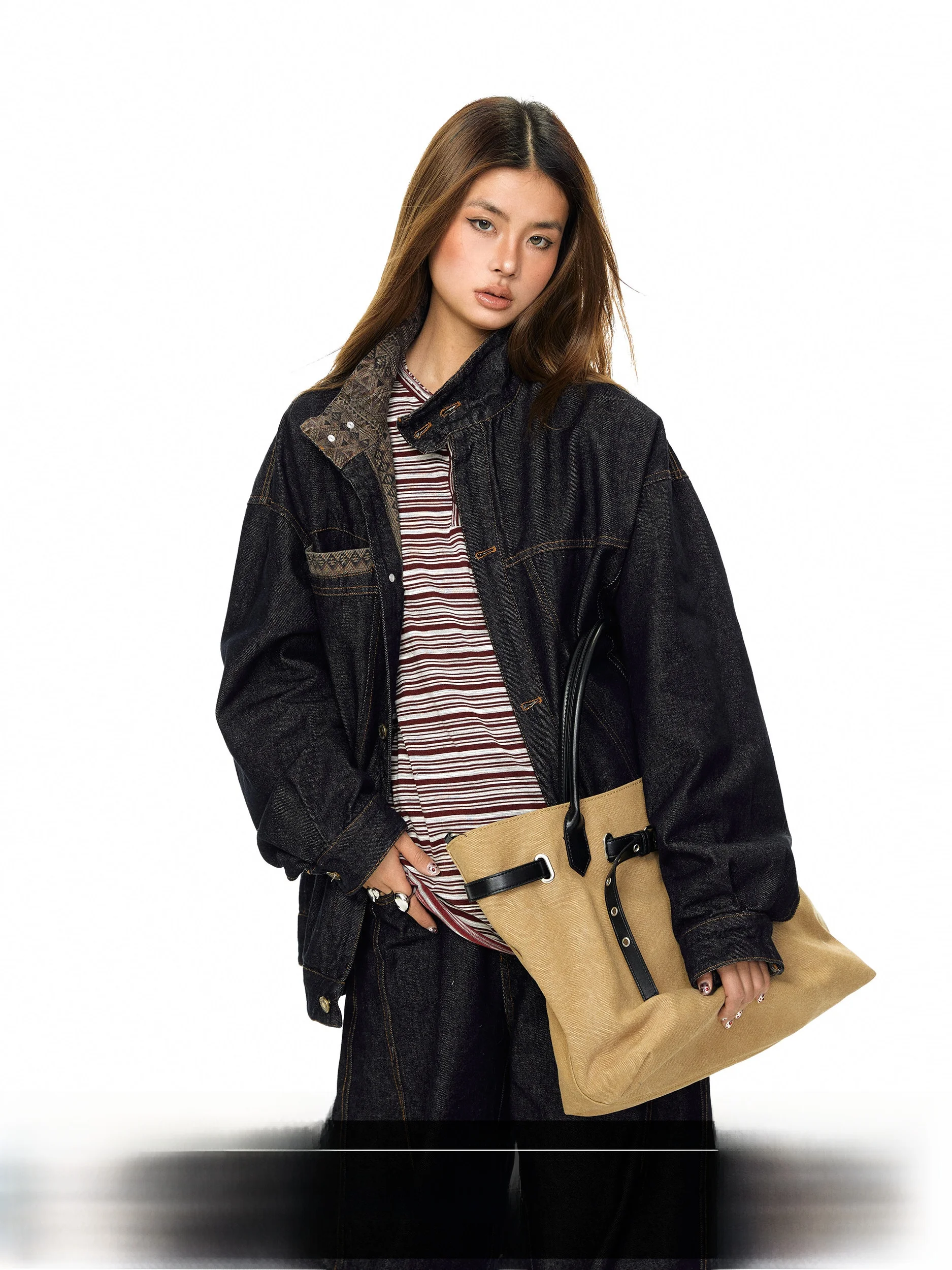 Blackbb Washed Denim Jacket And Loose Knife Pants Set Casual Workwear Style Patchwork Design Spring Autumn Trendy Brand