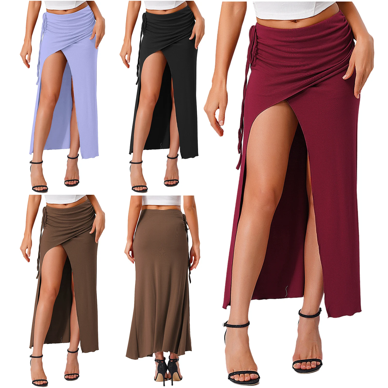 Womens 섹시 밸리 댄스 맥시 스커트 댄스 클래스 퍼포먼스 댄스웨어 비치웨어 슬릿 안전 반바지 Ruched Bodycon 스커트 의류