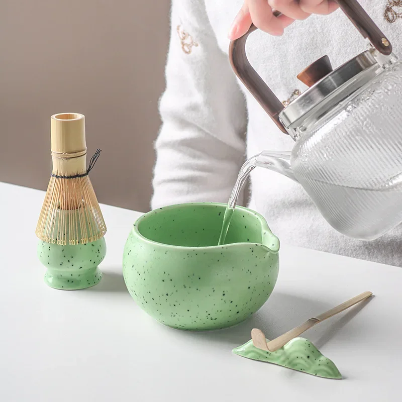 1-8 Ceramic Matcha Sand Dot Small Round Bowl With Pouring Spout Smooth Matcha Whisk Holder Reusable Matcha Making Kit Tea Lovers