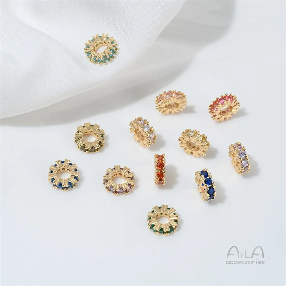 T382 14K Gold-plated Zircon Birthstone 8mm Spacer Pieces, Hand-made Diy String Pearl Crystal Bracelet Accessory Material