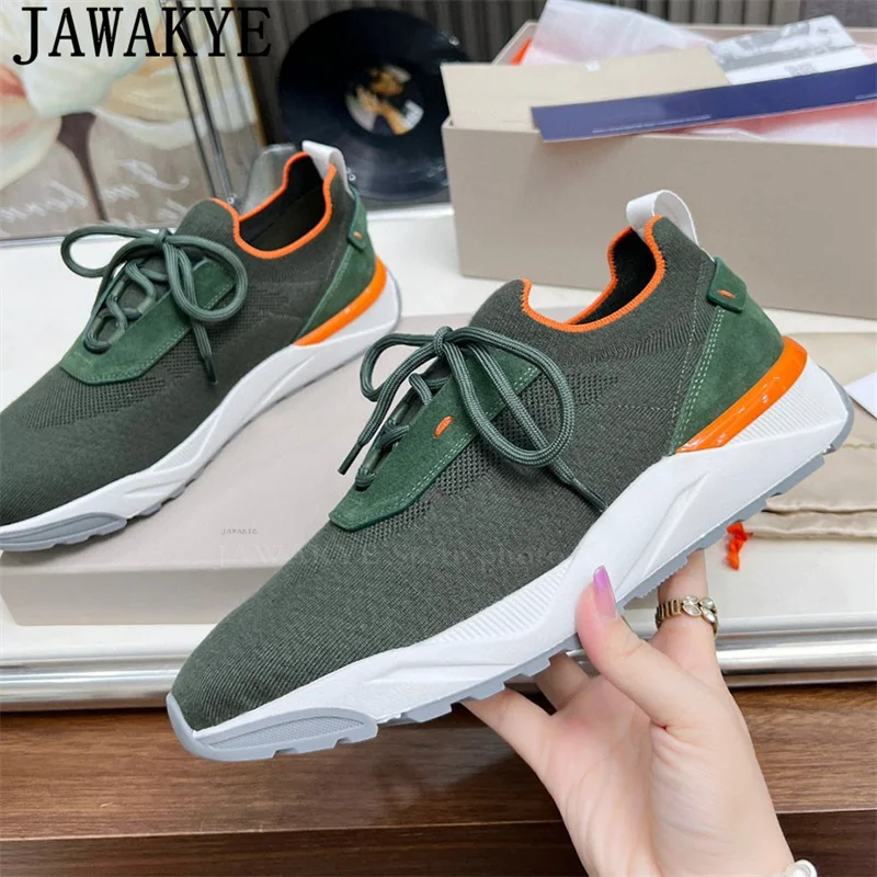 New Men\'s Knited Lace-up Sneakers Shoes Multicolour Casual Comfortable Elastic Flat Shoes Luxury Brand Trainers Walk Shoes Man