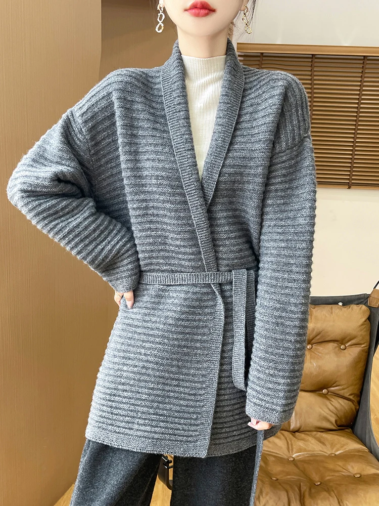 Women V-neck Mid-Long Style Cardigan Fashion Loose Long Sleeve Sweater Spring Autumn Basic Clothes 100% Merino Wool Knitwear