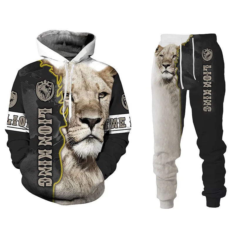 Fashion  Lion 3D Print Hoodies Suit Male Autumn and spring  Casual Sweashirt Sweartpants Set Men Tracksuit Set Fashion Men's Clo