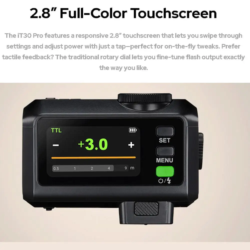 Godox iT30Pro 超軽量ミニ TTL フラッシュ、2.4GHz ワイヤレス、HSS 1/8000 秒、内蔵リチウム電池、2.8 インチ タッチスクリーン