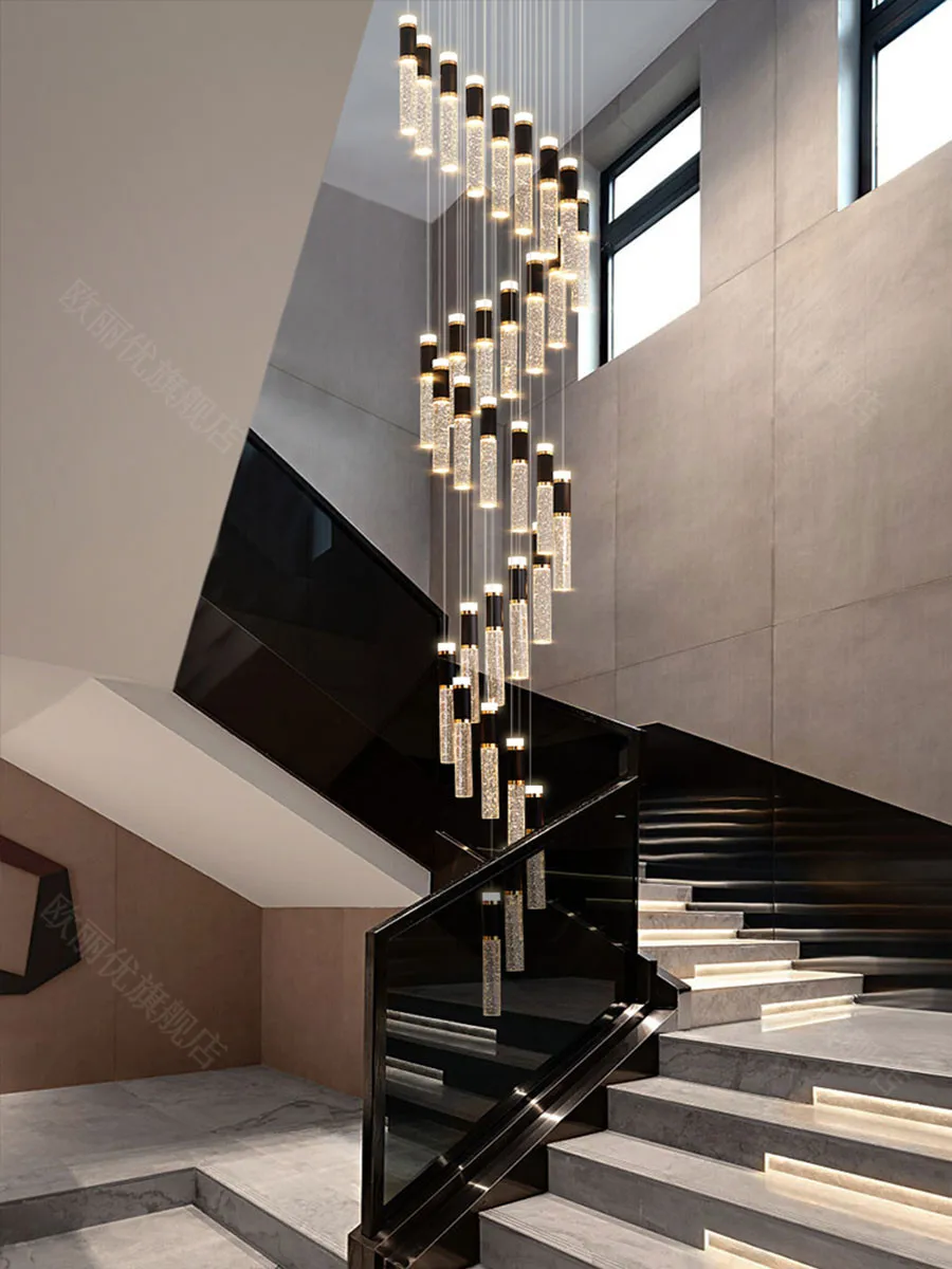 LED Suspended Crystal Chandelier, Long Staircase Spiral Duplex Loft Decorative Living Room Ceiling Lighting Fixture