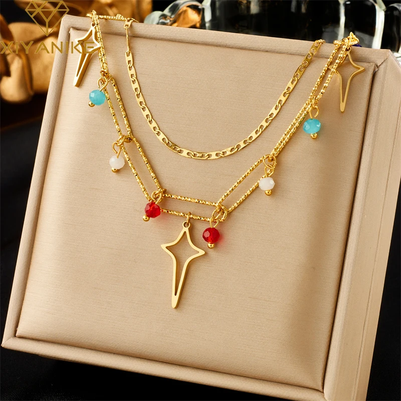 XIYANIKE 316L Stainless Steel Golden Necklace Colored Zircon Star Pendant Double Chain Accessory for Women Jewelry Gifts Collier