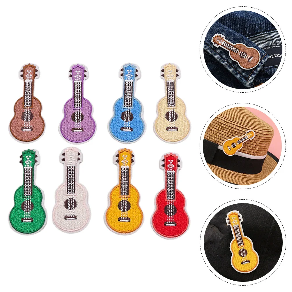 8 pçs remendos bordados de guitarra para roupas jaquetas mochilas diy costura apliques decorativo instrumento musical tecido remendo conjunto