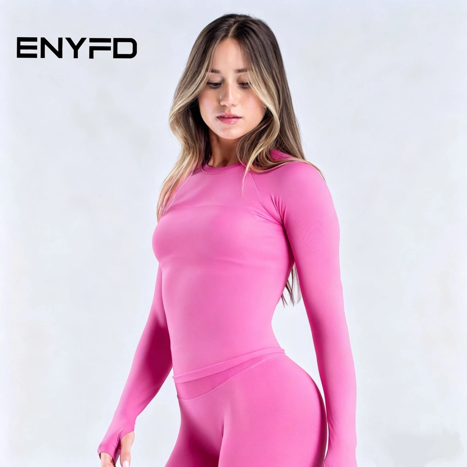

ENYFD Women's Seamless Long Sleeve Top - Compression Slim Fit Yoga Gym Shirt, High Stretch Breathable Workout Athletic Tee