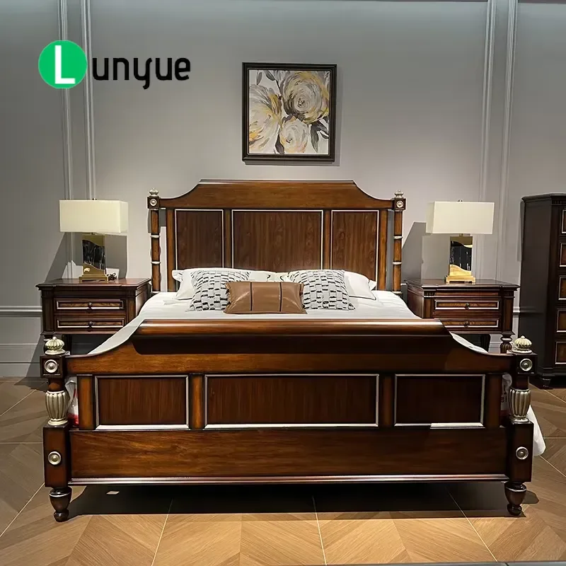 American Solid Wood Bed Gold Teak Heavy Craft Retro Design 1.8m Double Poster Bed for Bedroom Furniture Durable Classic Style