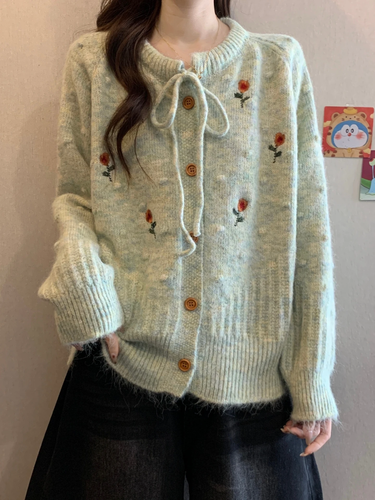 

Floral Embroidery Knitted Cardigan Sweater Women's Spring Autumn plus Size Slimming Short Style Korean Loose Fit Long Sleeve
