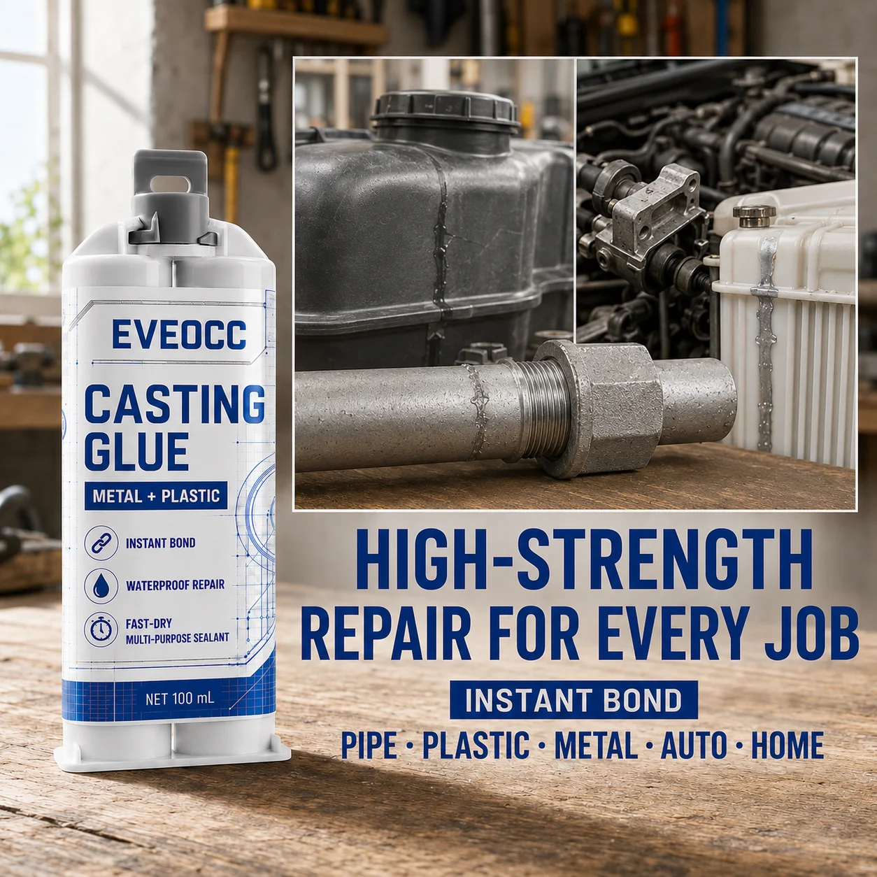 Heavy‑Duty Casting Repair Glue 100ml, Waterproof Instant Adhesive Fast Dry Sealant for Metal Plastic Crack Fix