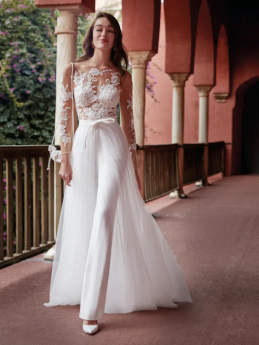 O-Neck Wedding Dress Zipper Back Vestidos De Novia Robe Soft Satin Wedding Jumpsuit Bride Dresses Sheath Bridal Gown De Mariée