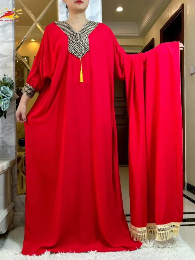 New Dubai Party Dress Muslim Femme  Long Sleeve Solid Color Cotton Fabric Loose Boubou Maxi Islam Women  African Abaya Clothing