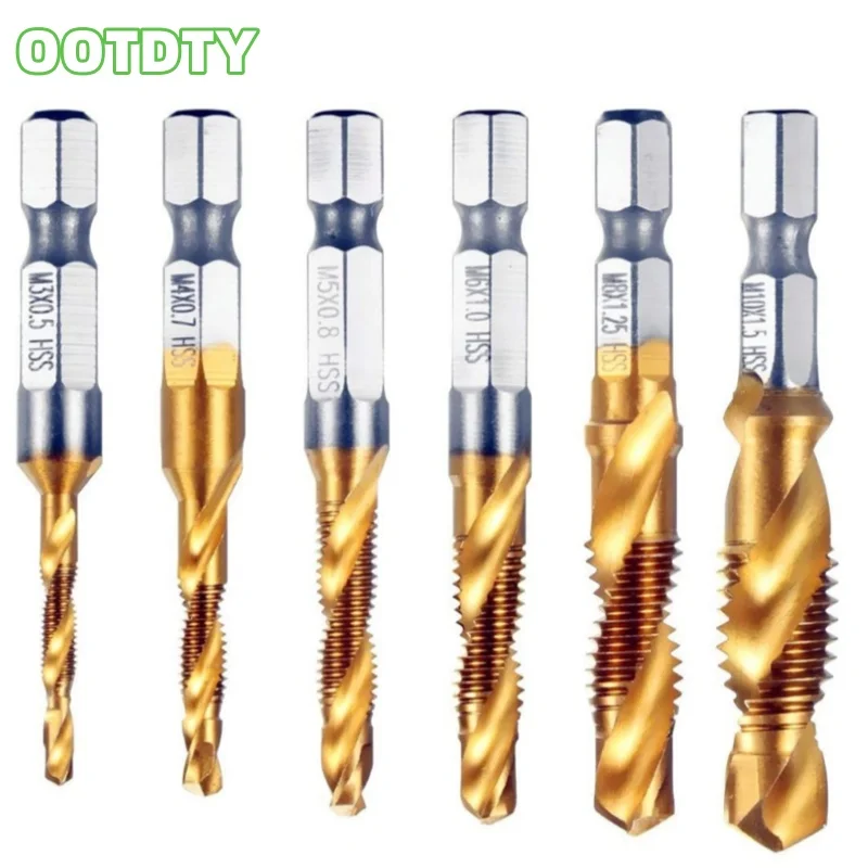 Комбинация сверлильных метчиков из 6 предметов для быстрорежущей стали с титановым покрытием, хвостовик 1/4 дюйма, набор сверл и метчиков с метрической резьбой M3-M10