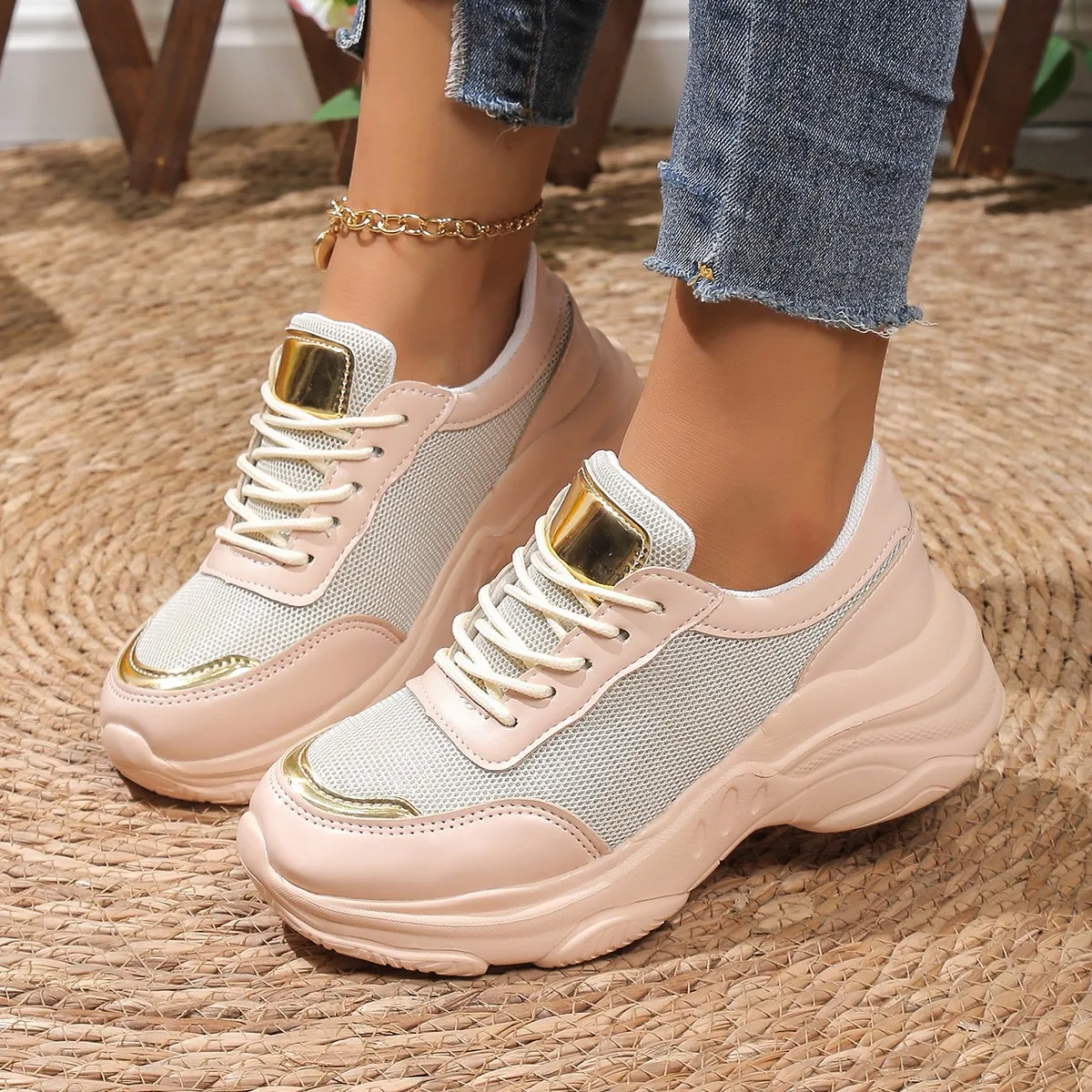 Women Sneakers Shoes Fashion Lace Up Wedge Platform Vulcanized Shoes Shoes Female Mesh Casual Walking Plus Size Zapatillas Mujer