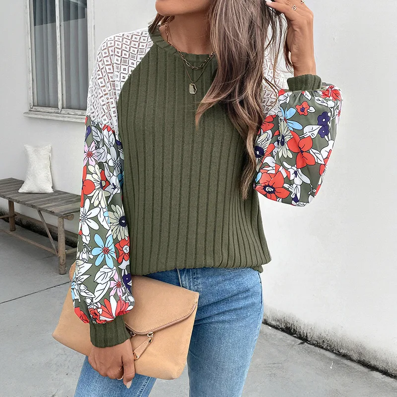 Jersey de punto de manga larga con cuello redondo holgado informal empalmado para mujer, jerséis, nueva moda para otoño e invierno, ropa femenina, Tops