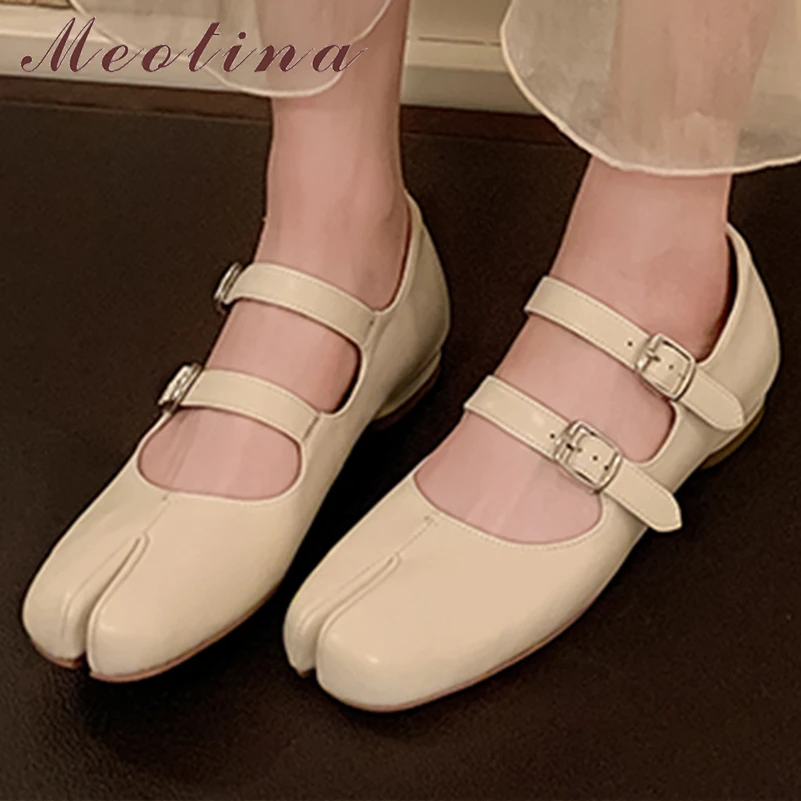 

Meotina Women Genuine Leather Mary Janes Split Toe Flats Buckle Glove Shoes Ladies Fashion Shoes Spring Autumn Apricot Beige 40