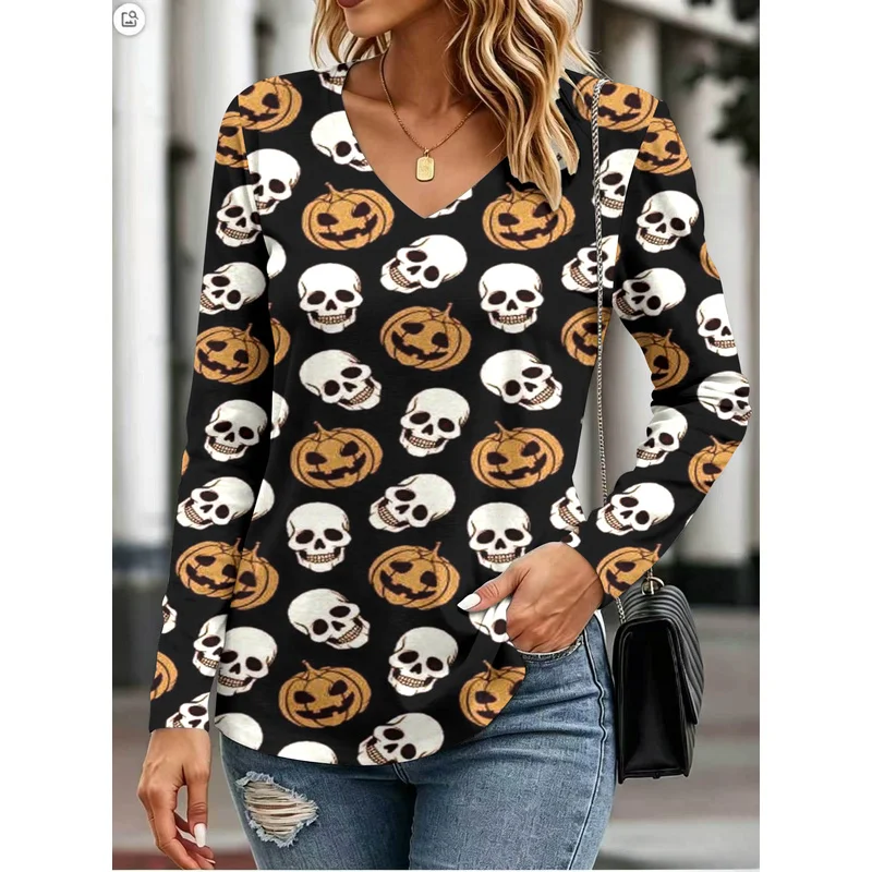 European and American Halloween women's printed clothing collared long-sleeve shirt loose and comfortable versatile fashion item