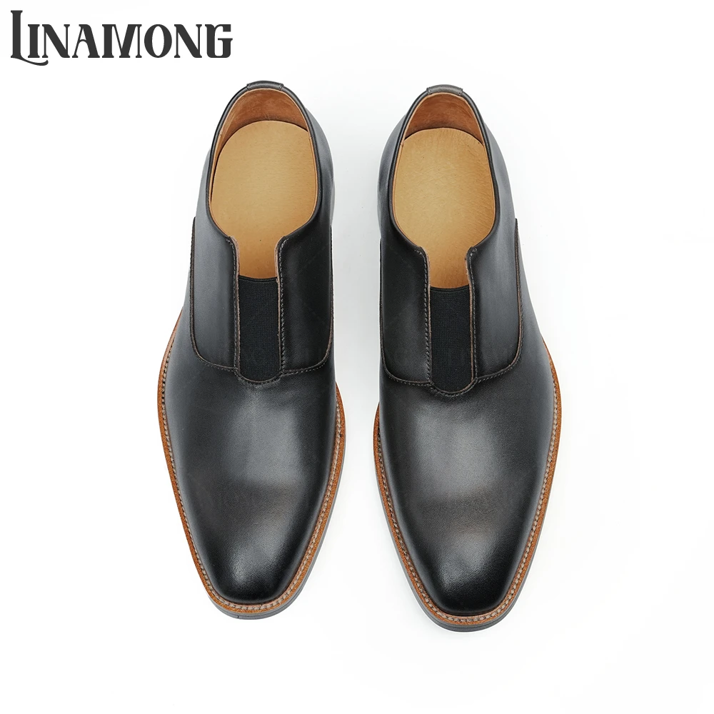 اللوز تو مصقول أحذية جلدية بدون كعب جلد طبيعي النمط البريطاني الأعمال فستان أحذية أنيقة الانزلاق على مأدبة أحذية جلدية للرجال #4