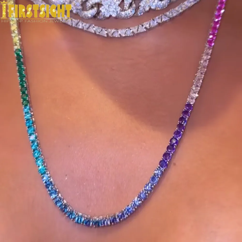 Iced Out Clustered Tennis Chain Necklace Hip Hop Rainbow Cubic Zirconia Silver Color Fashion Rock Women Jewelry