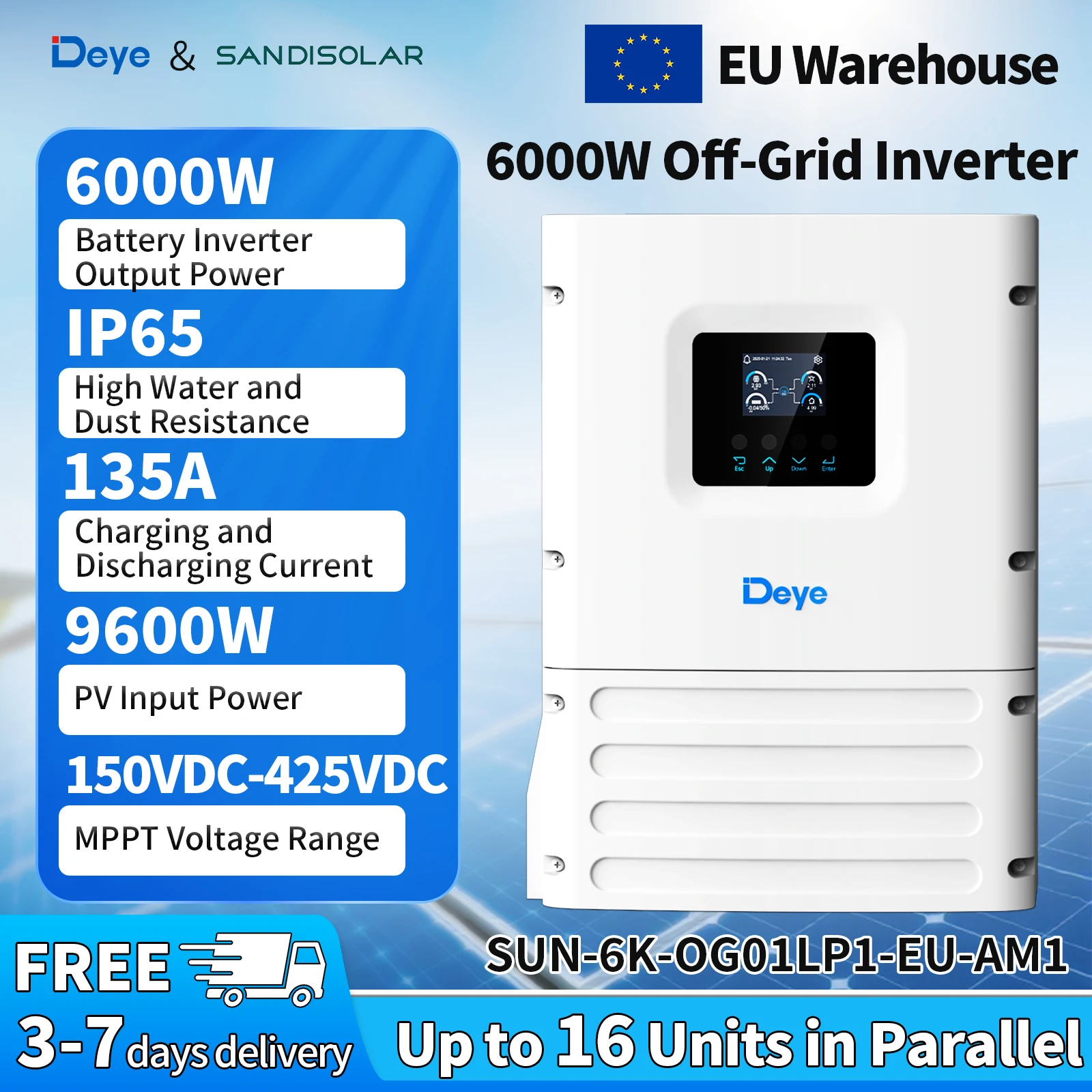 SANDISOLAR x Deye 6000W 48V Off-Grid-Wechselrichter IP65 Wetterfest 135A Lade-/Entladeregler MPPT 150-425VDC Bis zu 16 Einheiten parallel einstellbar