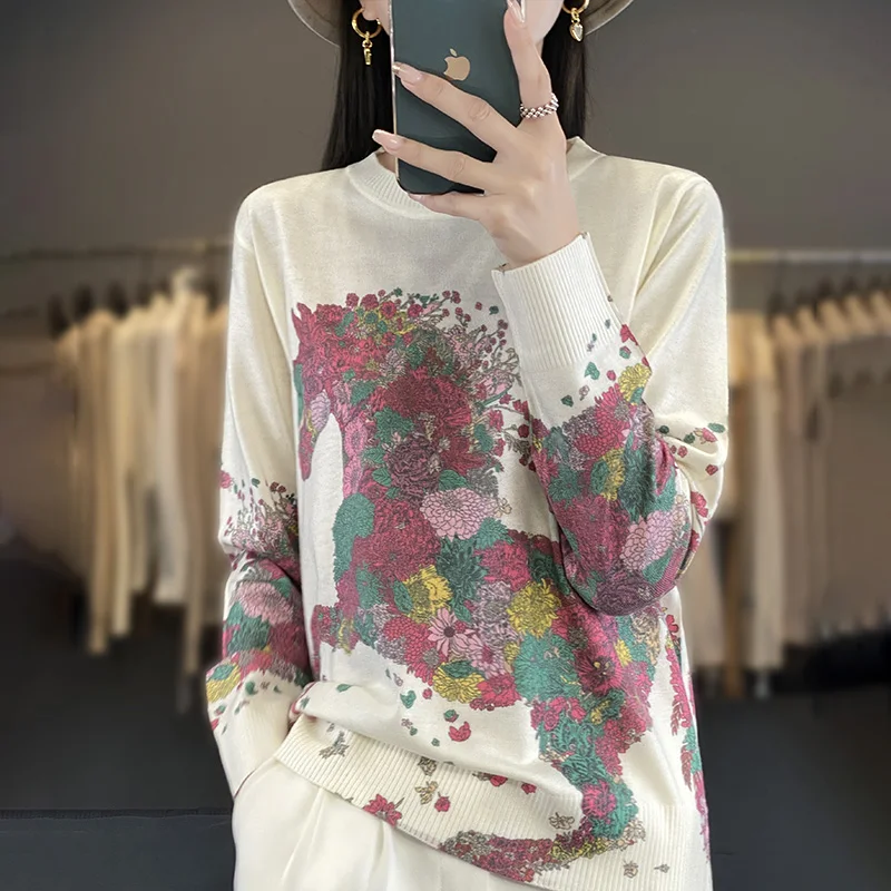 Spring 2024 new mulberry silk ink-painted crew-neck sweater for women Graffiti crew-neck wool knit pullover jacket for women