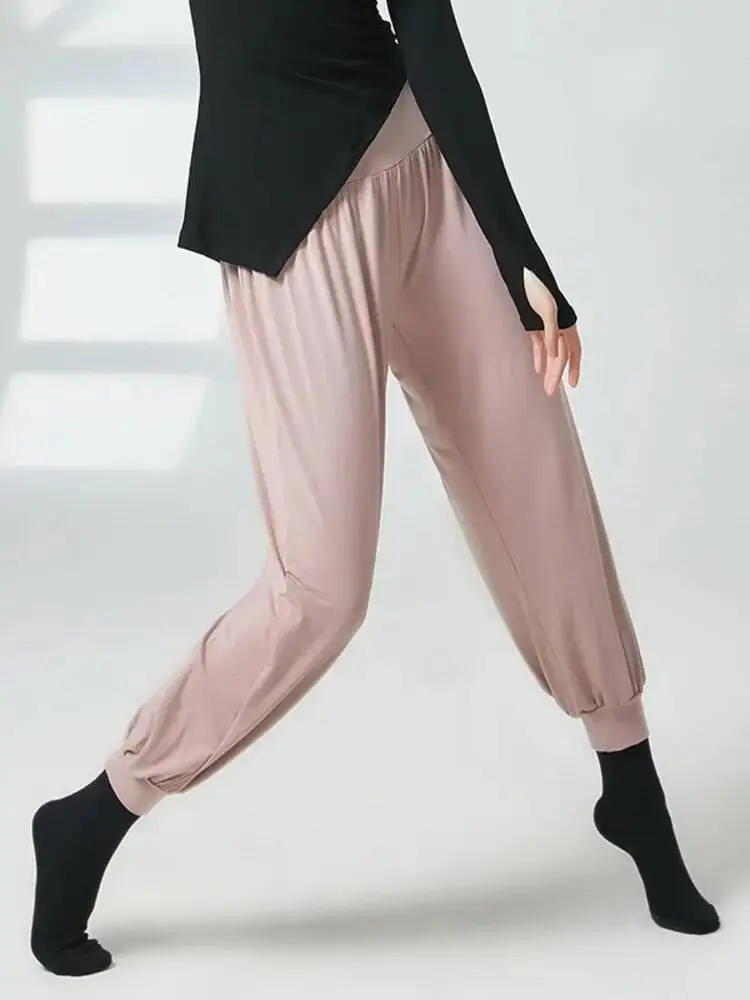 

Женские брюки для современного танца, однотонные брюки-морковки с высокой талией, эластичные манжеты, свободные дышащие брюки для сценической репетиции
