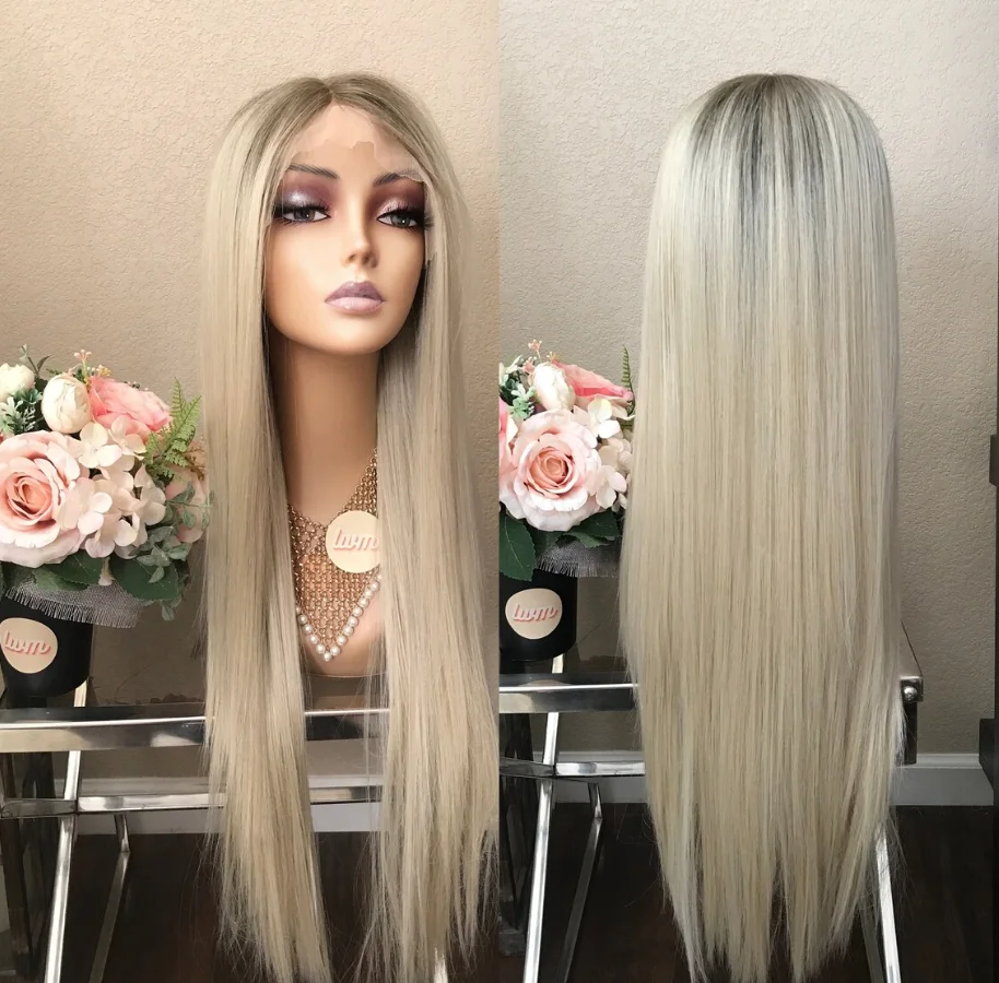 

Длинный натуральный прямой женский парик Omber Highlight Пепельный платиновый блондин Синтетические кружевные фронтальные парики 13*4HD Кружевной парик высокой плотности