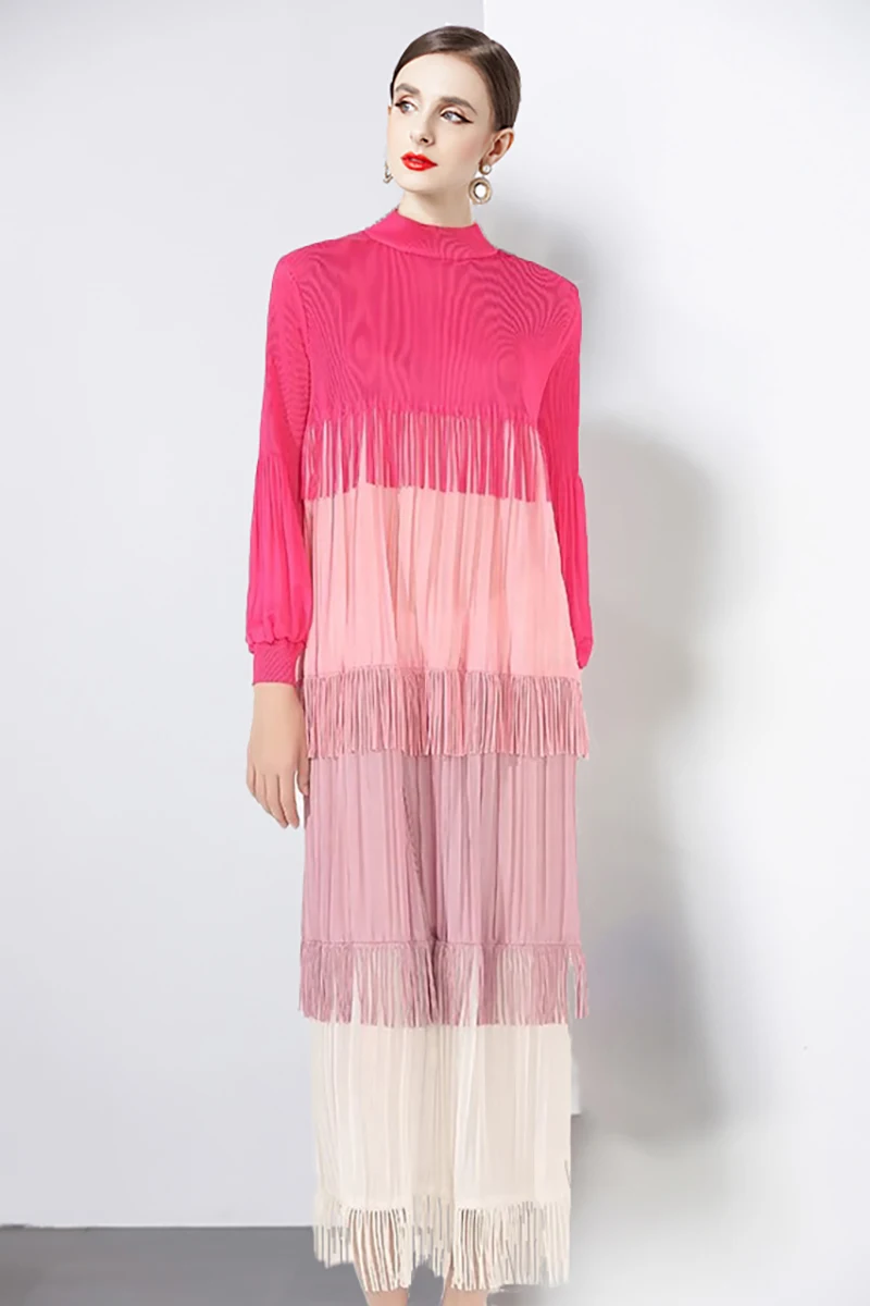 Miyake Dreifarbiges Kleid mit schwerer Quaste, Stickerei, plissiertes Design, lockere Passform, hochmodische Couture-arabische Robe 2025, Femme