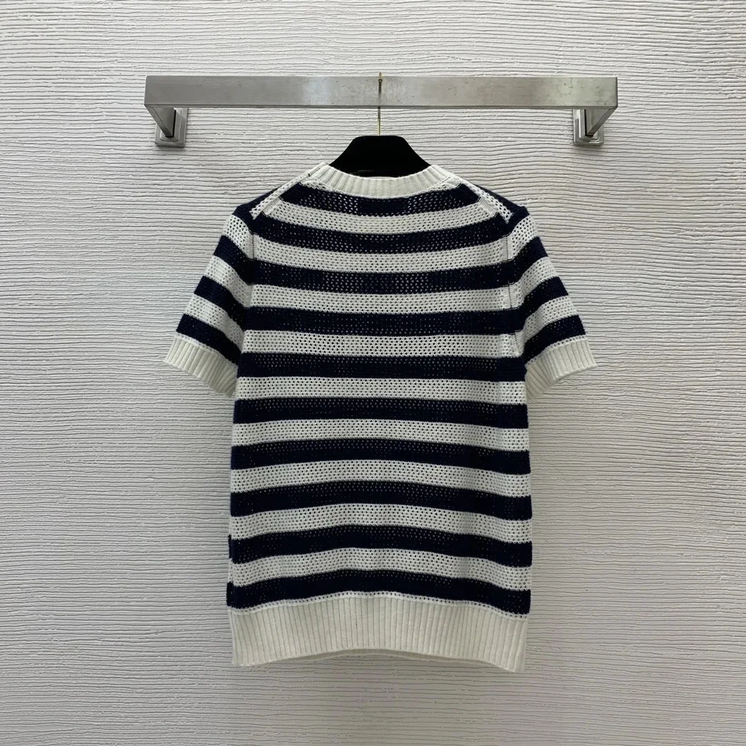 

Summer New Women's Navy Blue White Stripe Hollow Short sleeved Knitted T-shirt Short sleeved Top