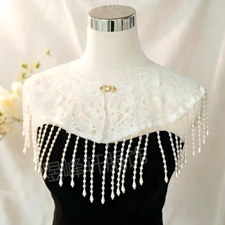 

ww27 New Chinese pearl fringed shawl versatile vest Hanfu heavy industry retro lace accessories