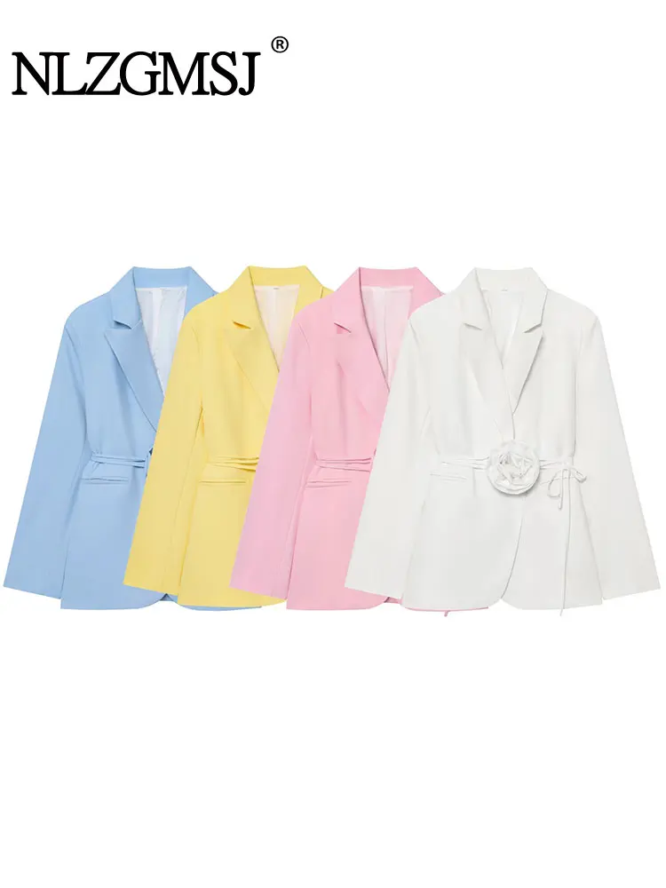 

NLZGMSJ 2025 Autumn Office Lady Women Blazer Solid Floral Belt Lace-up Long Sleeve Single Button Blazer Fashion Blazers