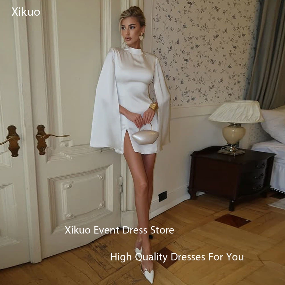 

Xikuo Graceful Ivory Satin Prom Gown High Neck Bespoke Occasion Summer Evening Gown Above Knee Cocatail Evening Dress Customized